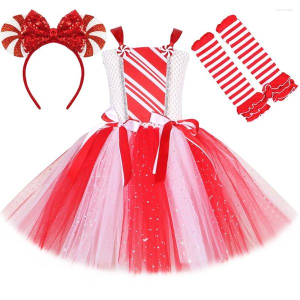 Платья для девочек, красно-белые рождественские платья-пачки конфетной тросточки для девочек, наряды, блестящий костюм миссис Санта-Клауса для детей, годичная рождественская вечеринка