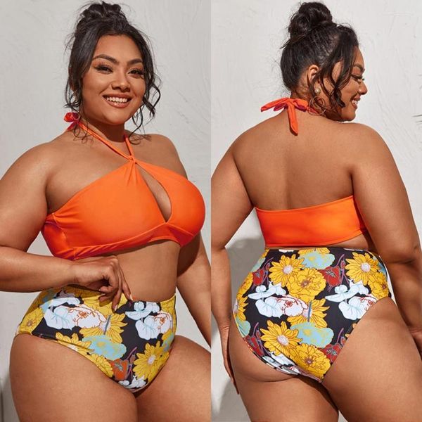 Damenbadebekleidung 45 Orange Flower 2024 Stilvolle Bikini-Sets Brasilianischer weiblicher Strand Mai Sexy Badeanzüge Große Größe Zweiteilige kurze Anzüge