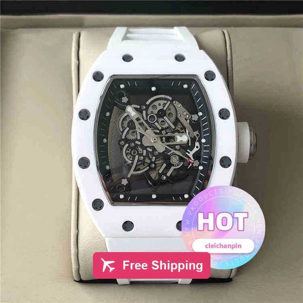 orologio data orologio meccanico da uomo di lusso tipo barile fibra di carbonio automatico personalità in ceramica bianca quadrante grande movimento svizzero orologi da polso