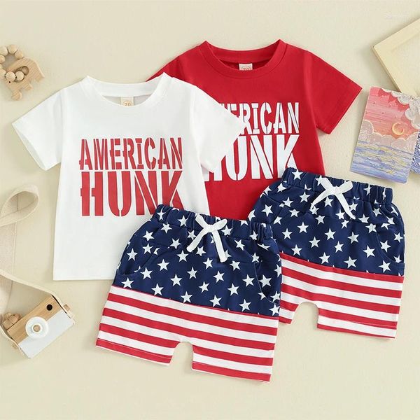 Set di abbigliamento 2024-02-18 Lioraitiin Completi per bambini del 4 luglio T-shirt a maniche corte con stampa di lettere e pantaloncini a righe con stelle