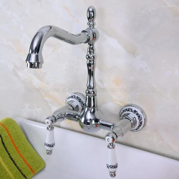 Rubinetti per lavandino del bagno Rubinetto per lavabo da cucina cromato lucido Miscelatore per vasca Miscelatore con doppie maniglie Montaggio a parete Znf963