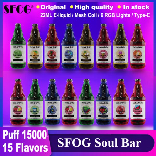 SFOG inovador Puff 15000 Vapes Disponível Puff 15k Vaper E Kit de cigarro Kit Soul Bar 15000 Puff Disponível Vape 22ml E-líquido POD 15 FAVORES 2% 5% 6 RGB LUZES PENA VAPOR PEN