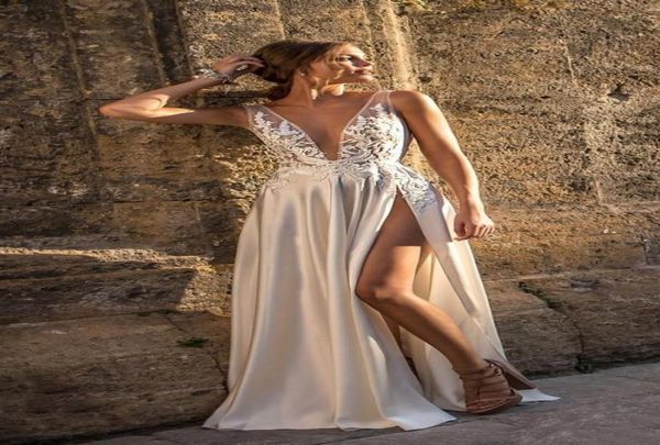 Berta Illusion Vestidos de noiva sem costas com divisão frontal e decote profundo apliques vestido de noiva até o chão vestido de noiva linha 20187639272