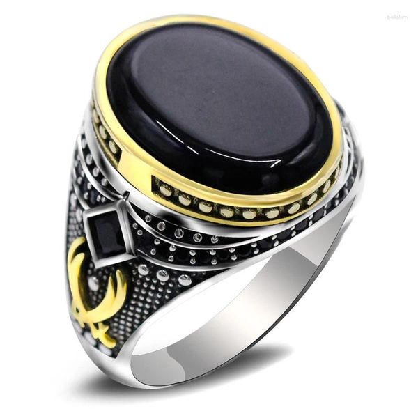 Anéis de cluster Natural Black Agate Stone emparelhado com 925 Sterling Silver Men's Ring Set Design Punk Style Girl Jóias