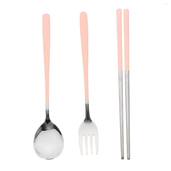 Set di stoviglie Set di posate in argento Bacchette Cucchiaio riutilizzabile portatile Cucchiaio da tavola con custodia Rosa Studente da viaggio