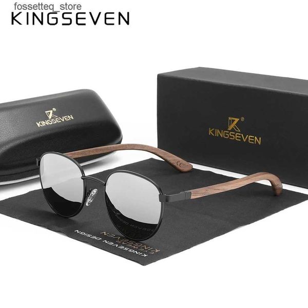 Óculos de sol Kingseven Vintage Sunglasses Mens De Madeira Polarizada UV400 Bloqueando Quadro Redondo Óculos Espelho Lente Mulheres Handmade Eyewear L240322