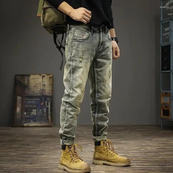 Herren Jeans Hose Slim Fit mit Löchern für Männer Skinny Retro Male Cowboy Hose zerrissen zerrissen gebrochen enges Rohr Plus Size ausgewaschen