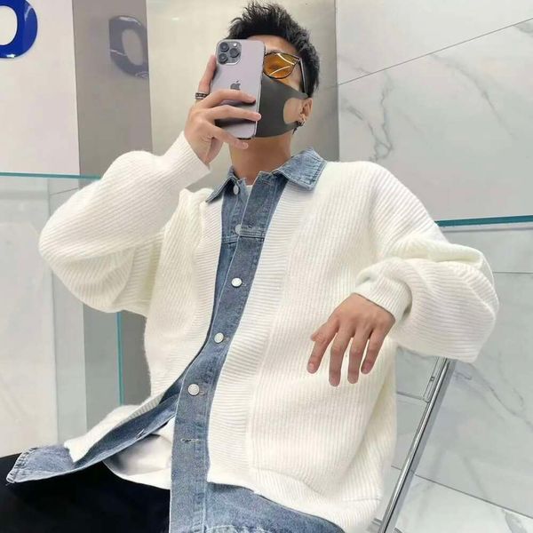 300 kg estilo americano denim falso duas peças retalhos camisola de malha para outono e inverno masculino cardigan jaqueta instagram marca na moda