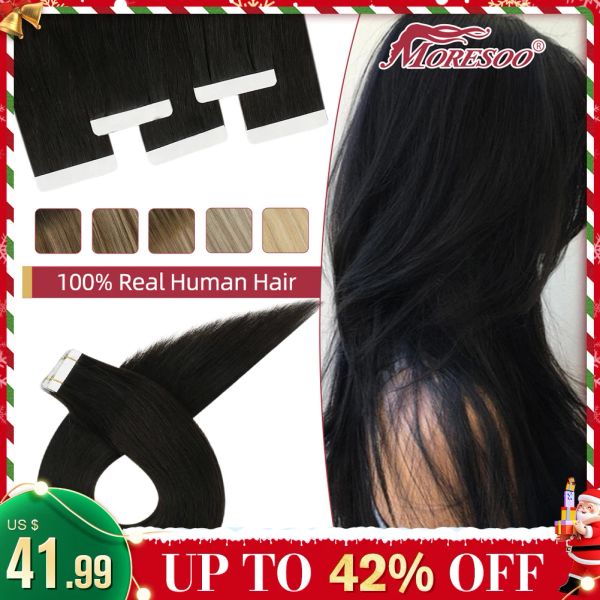 Extensions Moresoo Virgin Hair Tape in Echthaarverlängerungen Einfarbig 1424 Zoll Doppelt gezogen 10A Grade Straight Tape Brasilianisches Haar