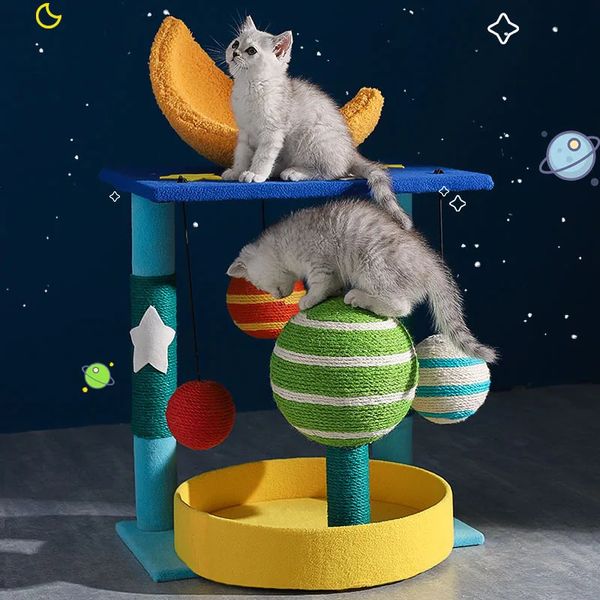 Criativo planeta gato subir pequena árvore de gato integrado sisal pet scratching board torre raspadores para animais de estimação playground ninho 240309