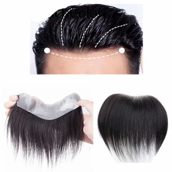 Toppers peruca frontal para homens, extensão de cabelo preto natural, fita reta para perda de cabelo humano, sistema de substituição de peruca