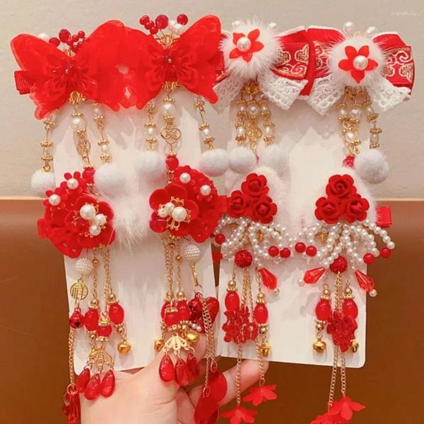 Accessori per capelli Fiore Bambini Forcina rossa Panno Nappa Stile antico Ragazza Bowknot Anno cinese Copricapo Bambino