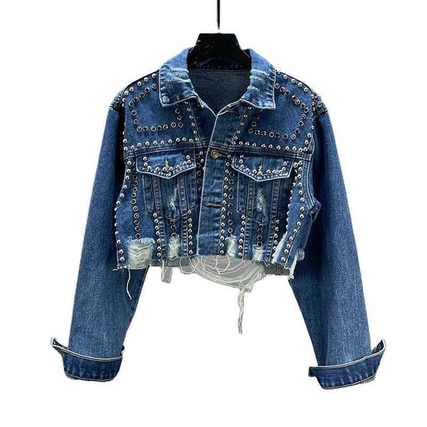 Blaues Team |Benutzerdefinierte neue Raw Edge Nieten besetzte Jeansjacke Mädchen abgenutzte Perlenbluse Jeans Damen