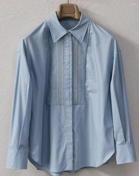 Camicette da donna Camicetta da donna moda 2024 Camicia con risvolto Azzurro Casual Pendolare monopetto Vento Top femminile di alta qualità