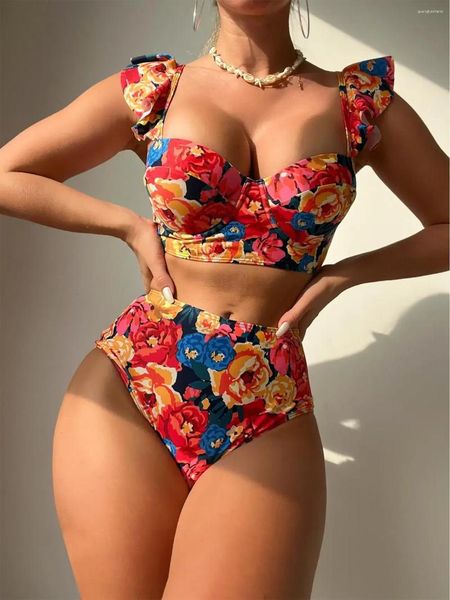 Costumi da bagno da donna Vintage Rosso Stampa floreale Bikini Set Donna Fascia con volant con ferretto Costume da bagno a vita alta 2024 Costume da bagno a due pezzi