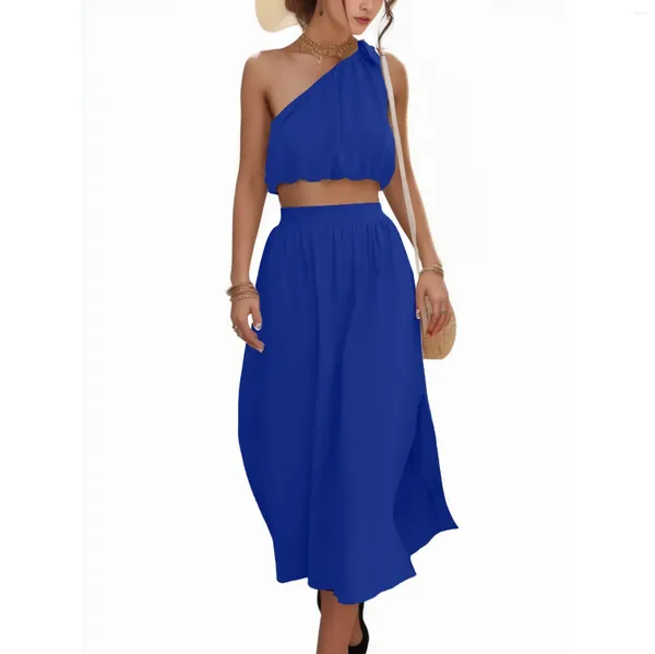 Abiti casual Top Gonna con spacco Abito a due pezzi Set da spiaggia lungo da donna Abiti maxi solidi Set una spalla senza maniche