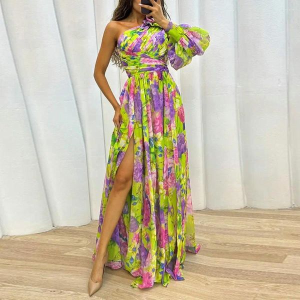 Abiti casual Abito da sera da donna Una spalla Senza schienale Lunghezza del pavimento Stampa floreale colorata Maniche lunghe Singolo Orlo con spacco laterale Maxi