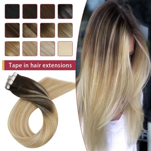 Extensions Moresoo Tape-in-Haarverlängerungen, brasilianisches Echthaar, echtes natürliches Balayage-Blondes Ombre-Haar, glattes Maschinen-Remy-Haar, Tape-Ins