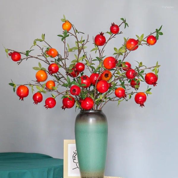 Fiori decorativi simulati rami di frutta di melograno e cachi a 6 teste Accessori per secchielli fortunati con foglie