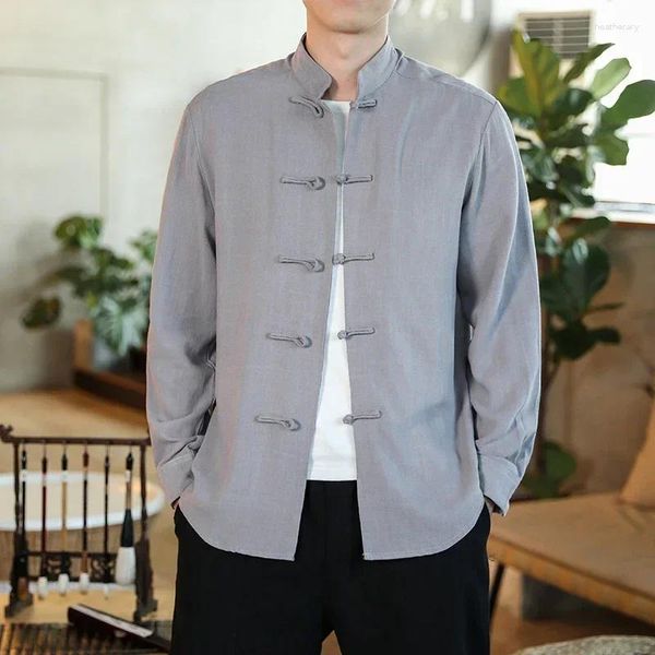 Abbigliamento etnico 2024 Camicia estiva da uomo Moda Lino stile cinese Slim Fit Casual Maniche lunghe Top Camisa Social Spring