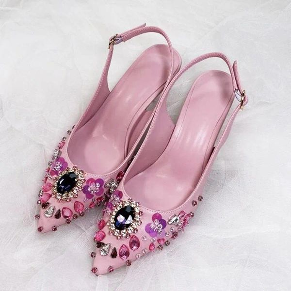 Scarpe eleganti In pelle rosa Gioielli con gemme di cristallo Punta a punta Slingback Stampato floreale Piatti con tacco da sposa poco profondi