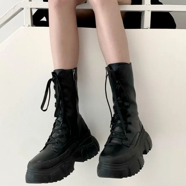 Stiefel Houzhou Schwarz Leder Frauen Mid Calf Stiefel 2021 Herbst Winter Goth Platform Schuhe Designer Harajuku Punk Schuhe