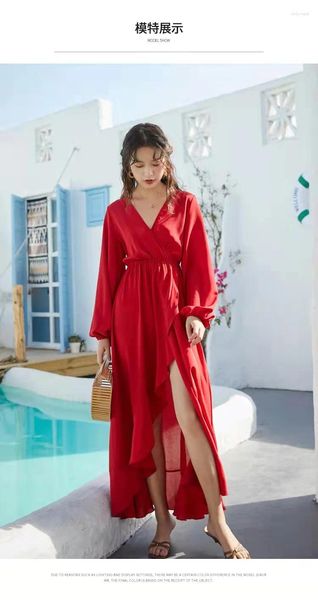 Costume da bagno da donna Moda Sexy Bellissimo abito da spiaggia Donna Estate Vacanza al mare Rosso aperto sul retro Balze a maniche lunghe