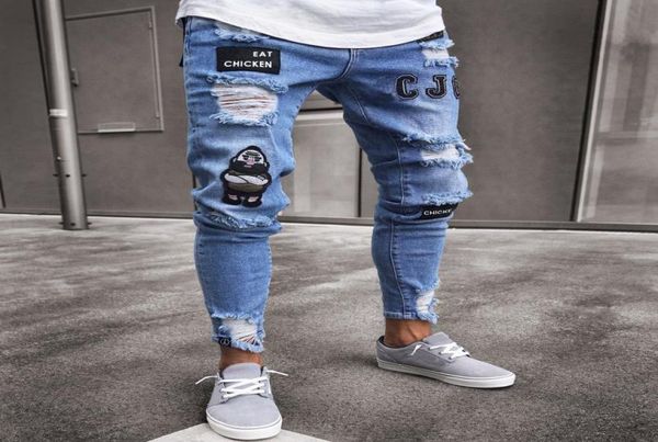 Nova moda masculina jean streetwear de alta qualidade dos homens estilista branco preto azul jeans hip hop skate lápis calças buracos jeans7887490