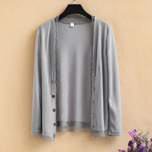 Maglieria da donna Estate Taglie forti Cardigan lavorato a maglia leggero e sottile Top a maniche lunghe da donna Maglieria in chiffon 3xl 4xl 5xl Maglione con bottoni per ragazze Grigio