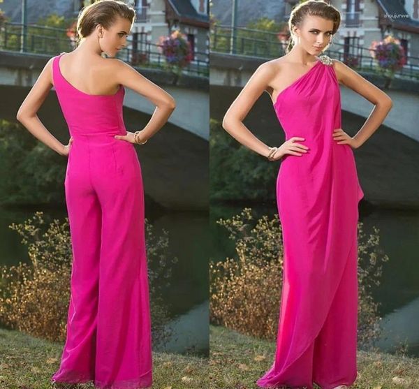 Abiti da festa Chic Modern Fucsia Abito da sera formale da donna Tute Monospalla Lunghezza pavimento Abito da ballo in chiffon Abiti da festa