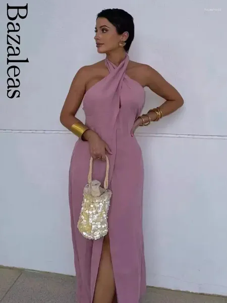 Lässige Kleider 2024 Bazaleas Store Traf Damen süßes rosa Neckholder-Maxikleid aus Leinen, Party, elegant, offiziell