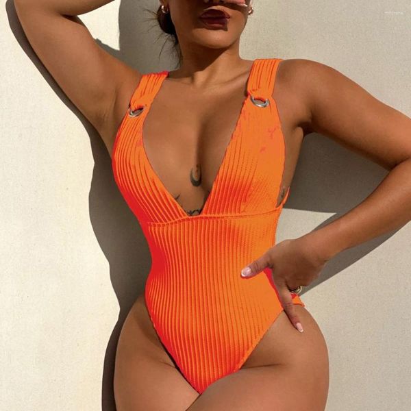 Damen-Bademode, modischer orangefarbener Bikini, tiefer V-Badeanzug, strukturierter Monokini, einteiliger Damen-Strand-Outfit, Mikro-Bikinis, Badeanzug, Biquini