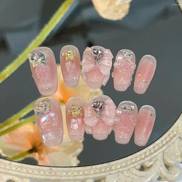 Накладные ногти, 10 шт., пресс ручной работы на стразах, носимый миндаль, 3D бант-бабочка, роза, многоразовые поддельные