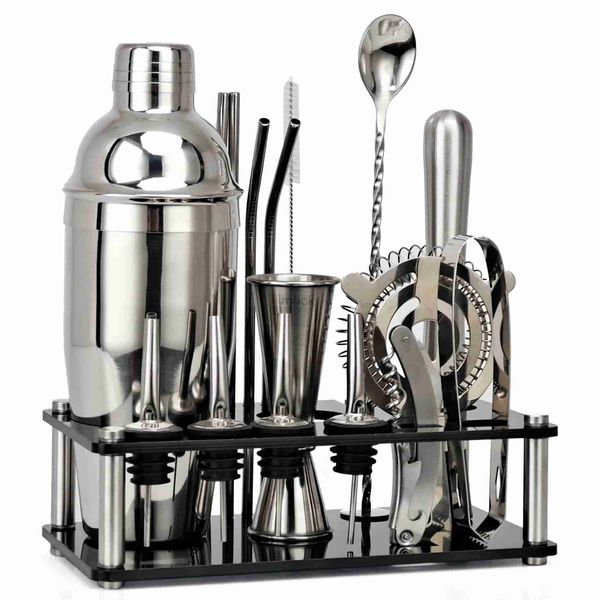 Strumenti da bar 550ml/750ml Acciaio inossidabile Cocktail Shaker Mixer Drink Barista Kit Bar Set di strumenti con portabottiglie Strumento di supporto per regalo di compleanno 240322