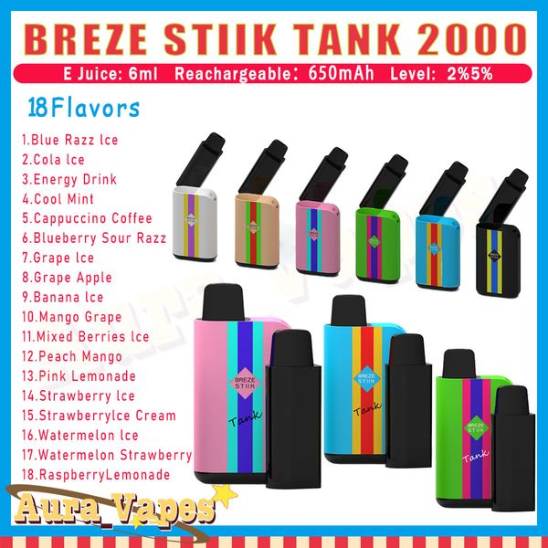 100% Original Breze Stiik Tanque 2000 Puffs Cigarros 2% 5% Caneta Vape Descartável Ecigs Substituível Pod 6ml 18Sabores 650mAh Bateria Vaporizador Vapor Dispositivo