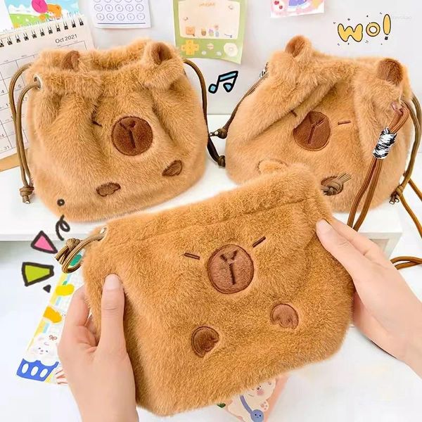 Sacos de armazenamento Kawaii Capybara Bag Cute Plush Pen Grande Capacidade Cosmético Criativo Fone de Ouvido