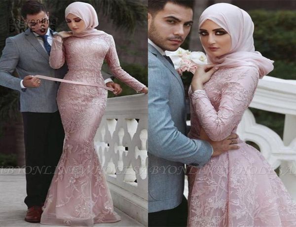 Arabid Dubai modesto manica lunga rosa abiti da sera hijab collo alto appliques paillettes abiti da ballo abito da festa a sirena con distacco5910339