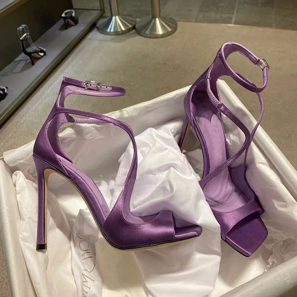 Salto alto de cetim roxo para mulheres primavera verão sandálias finas douradas dedo aberto sapatos sexy 240320