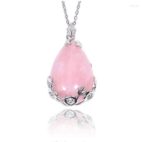 Collane con ciondolo Foglia placcata argento Avvolgimento di fiori Goccia d'acqua Collana con catena a maglie in quarzo rosa rosa Gioielli in pietra occhio di tigre