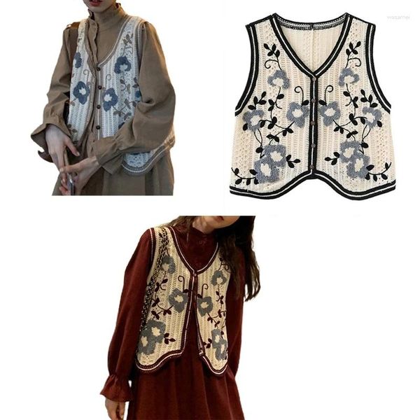 Gilet da donna Donna coreana Gilet corto lavorato a maglia all'uncinetto Cardigan senza maniche con ricamo floreale retrò per la vita hippie con bottoni della giacca