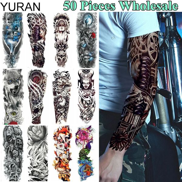 YURAN 50 Stück Großhandel Lange 48x17CM Tattoo Temporäre Volle Maschine Arm Bein Tatoo Männer Frauen Körper Kunst blume Aufkleber 240311