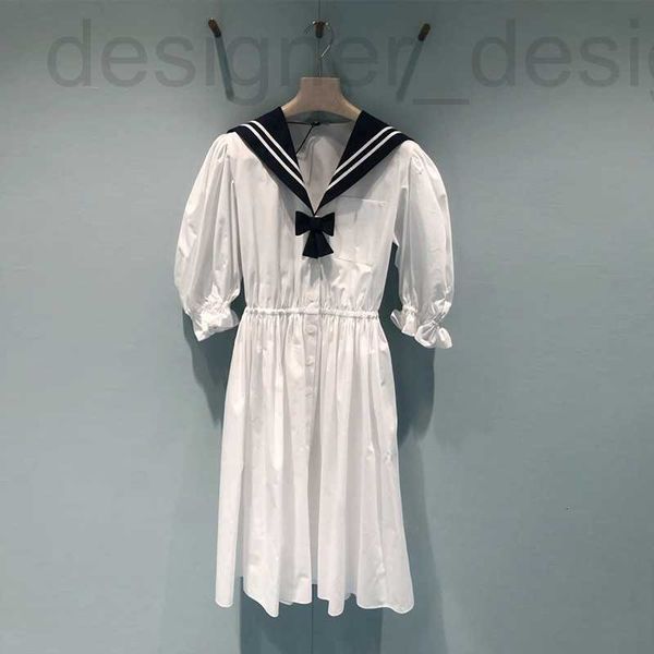 Abiti casual di base firmati Miu Abito bianco Collo blu scuro Maniche a palloncino Camicia lunga Gonna Dolce stile Academy Estate Nuovo 2991