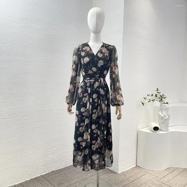 Casual Kleider WorldCloset Schwarz Pfingstrose Blumen Drucken Langarm Gürtel Wrap Midi Kleid Für Frau Kleidung Hohe Qualität