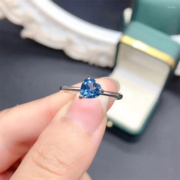 Cluster-Ringe, natürlicher Londoner Blautopas-Ring, 925er Silber, hochwertiger atmosphärischer Hauptstein, Größe 6 x 6 mm