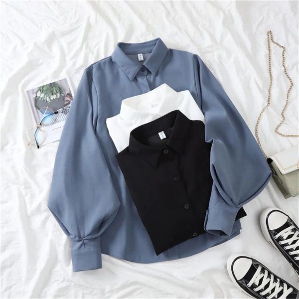 Blusas femininas outono inverno mulheres blusa camisas grande lanterna manga gola escritório trabalho longo branco sólido