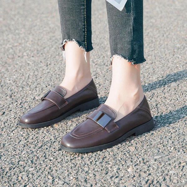 Casual Schuhe Überzug Schnalle Braun Gummi Frauen Nähen Slip Auf Karree Loafers Ol Vintage Concise Damen Einzel Arbeit 2024