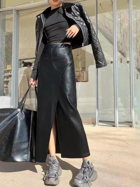 Saias vintage clássico preto envoltório quadril saia de couro mulheres outono cintura alta moda casual a-line bodycon sexy split longo senhoras
