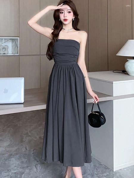 Повседневные платья 2024, черное плиссированное облегающее длинное платье с запахом груди, женское элегантное и шикарное международное летнее корейское роскошное вечернее платье