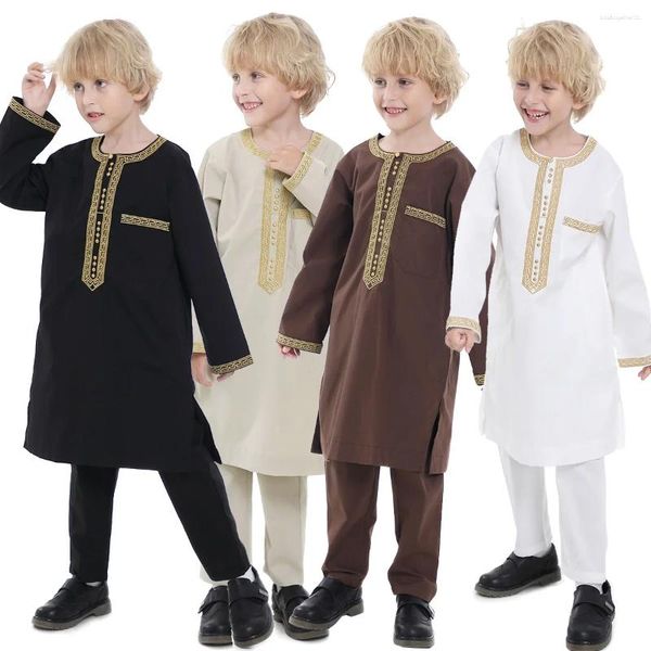 Ethnische Kleidung Muslim Kinder Robe 2 Stück Set Kinder Junge Rundhals Langarm Bedrucktes Kleid Hemd Abaya Kaftan Jubba Thobe Islamisch