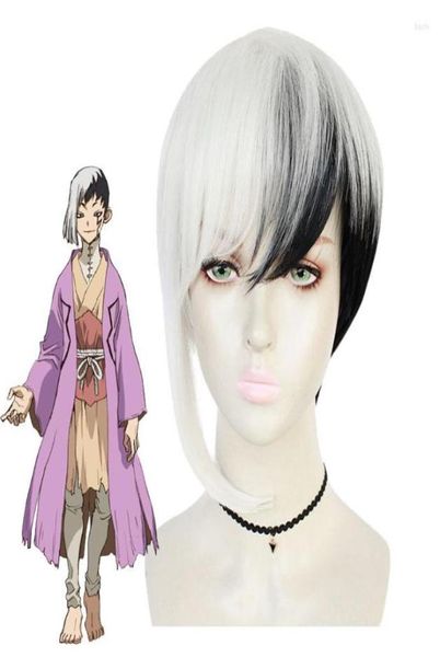 Party Supplies DrStone Asagiri Gen Cosplay Perücke Unisex Anime Charakter Kopfbedeckung Schwarz und Weiß gemischte Kurzhaarperücken Cap3724813